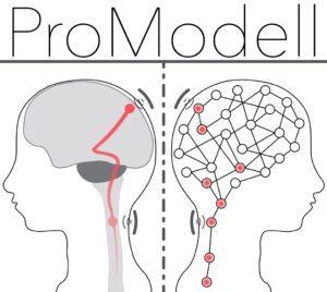 Logo der Nachwuchsforschergruppe ProModell. dargestellt sind zwei Köpfe Hinterkopf an Hinterkopf mit Elektrodenhaube
