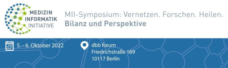 Banner mit Daten zum MII-Symposium in Berlin wie Ortsangabe und Datum
