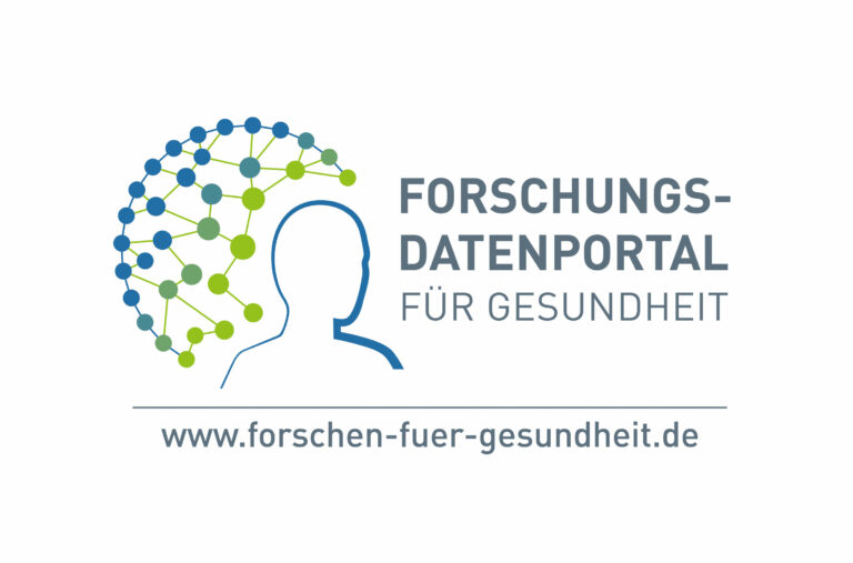Logo des Forschungsdatenportals für Gesundheit: Silhouette eines Menschen vor einem rundem Netzwerkschemata